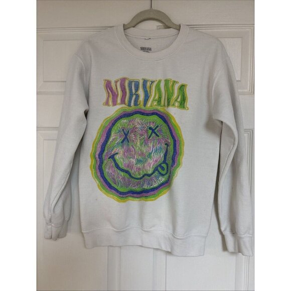 Retro 90s Y2K Style womens white nirvana sweatshirt size Small - Picture 1 of 6